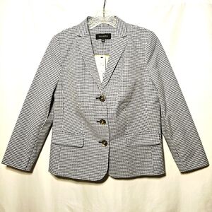 Talbots Womens Navy Blue & White Checkered Tailored Cotton Blend Blazer